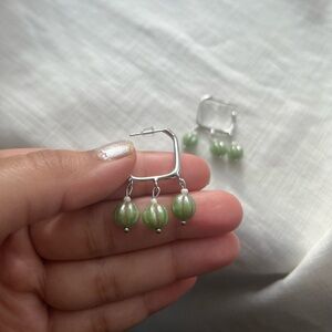 Silver Hoop Earrings with Green Glass Beads | Dangle Charm Hoops